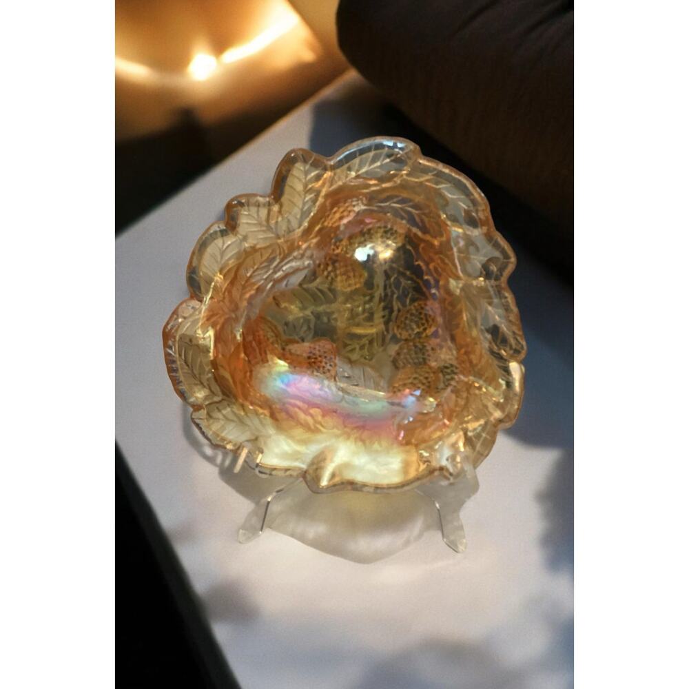 Vintage Carnival Glass Bowl, Raspberry Design Bowl, Amber Glass Bowl